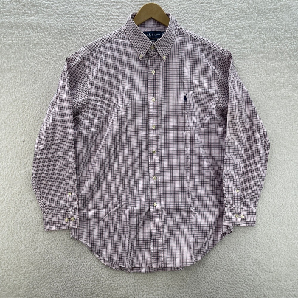 Polo Ralph Lauren Shirt Mens 16 32/33 Pink Black OCBD Oxford Plaid Preppy Luxury